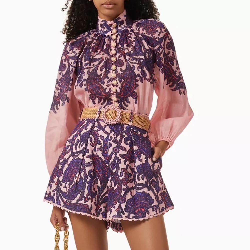 Zimmermann Short Set - Tiggy Tuck Short & Billow Blouse Pink Paisley - Size 0